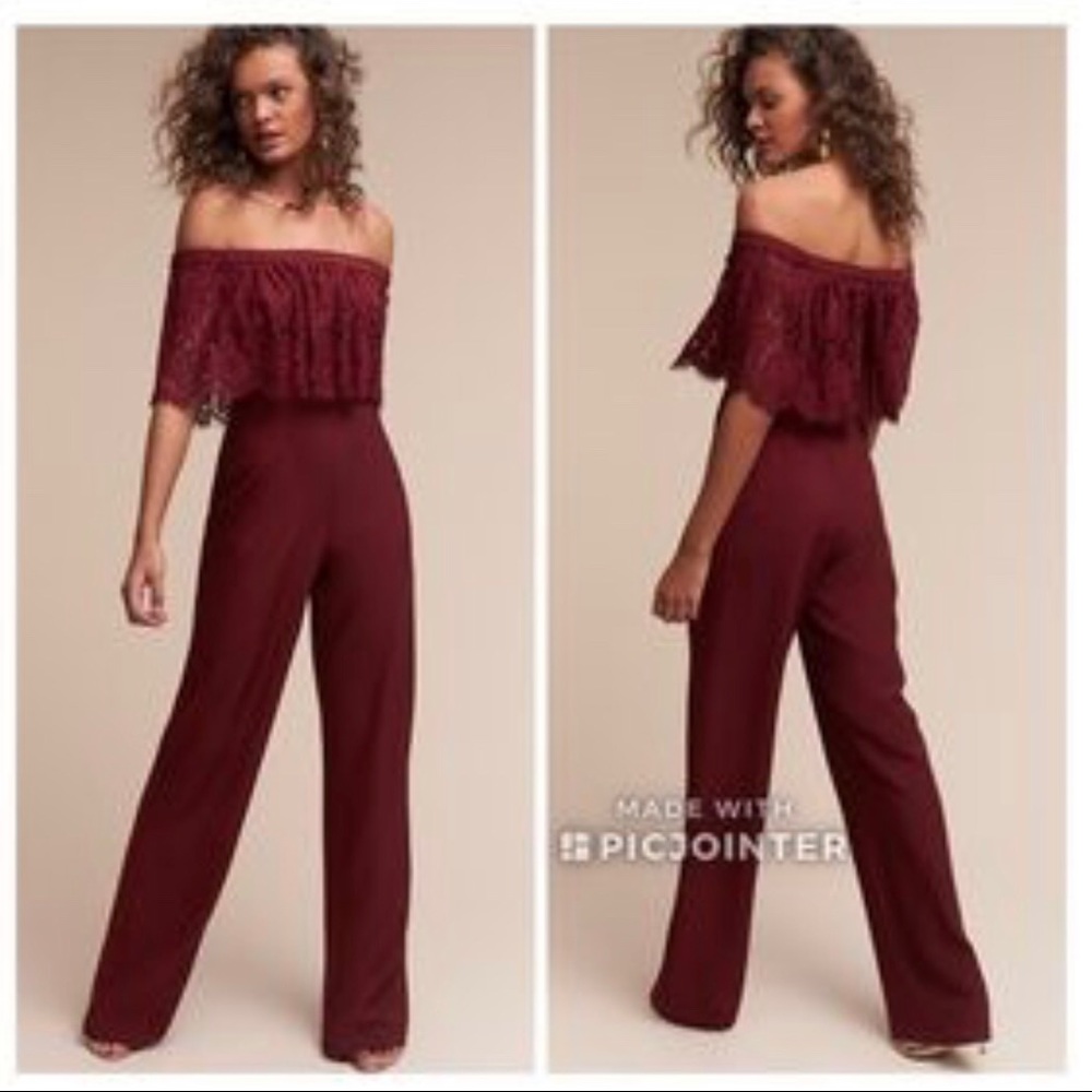 BHLDN Theia Maroon Red Off Shoulder Jumpsuit (holiday party outfit!)